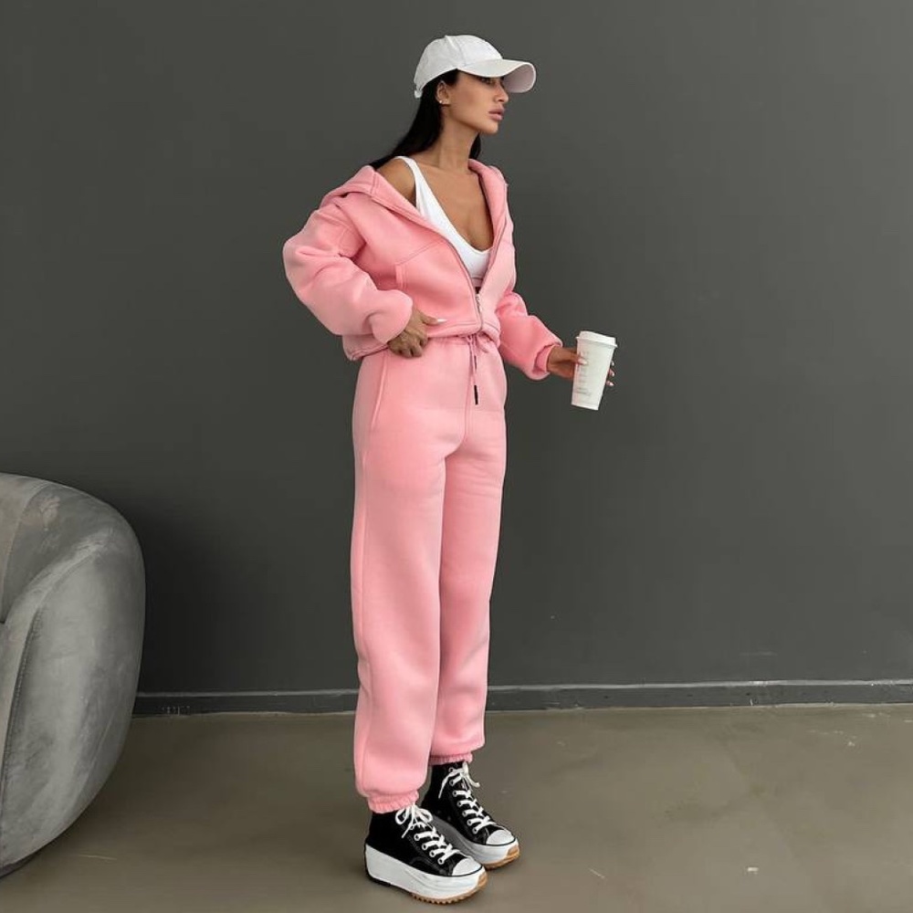 Pink Fleece Zip-Up Sweatshirt and Sweatpants Set